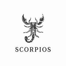 Black illustration of a scorpion with the word SCORPIOS below it
