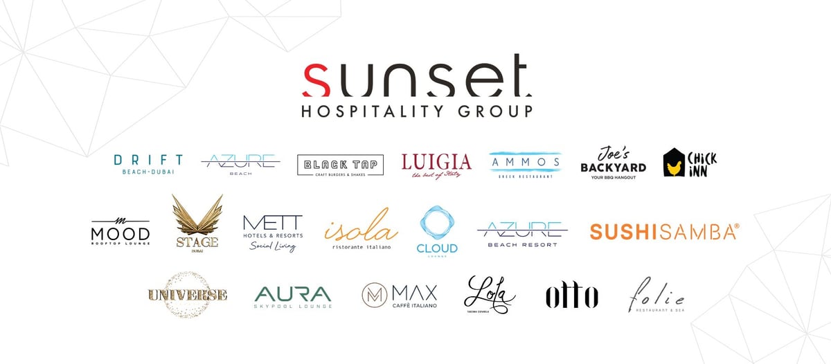 Sunset Hospitality Group logo with collection of brand names and restaurant logos displayed below