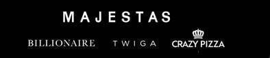 Majestas logo with billionaire, twiga, and crazy pizza brand names on black background