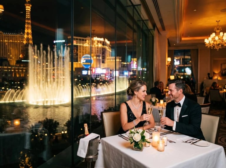Couple dining at an upscale restaurant with a view of illuminated fountains and Las Vegas cityscape through floor-to-ceiling windows