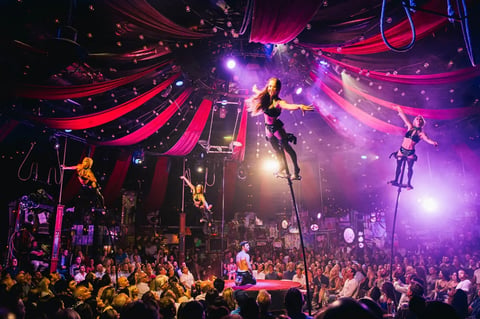 Aerial performers suspended above a crowded nightclub with vibrant purple and red stage lighting