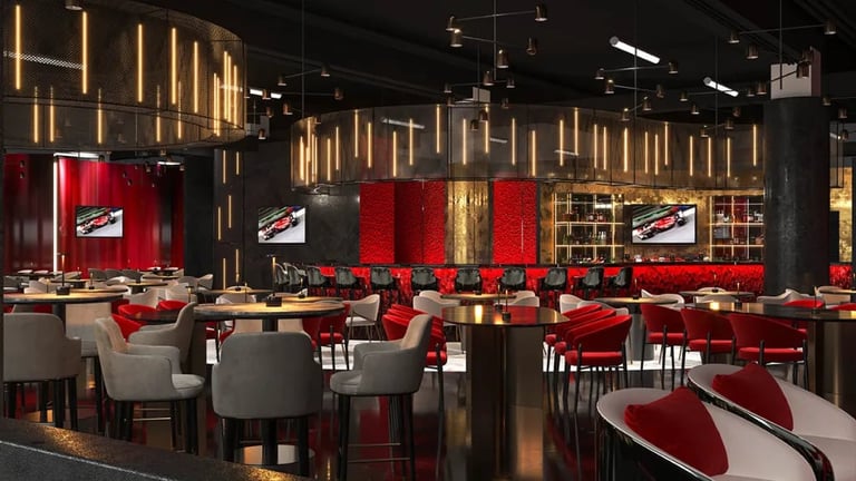 Modern restaurant interior with red and black seating, wooden accent wall panels, and gold hanging lights throughout