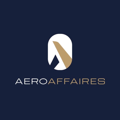 AeroAffaires logo featuring abstract geometric shapes in white, navy, and gold on a dark blue background
