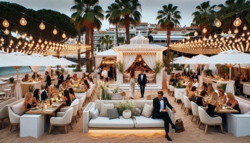 Upscale beachfront event venue with white seating, hanging lights, palm trees, and guests dining under an elegant tent canopy