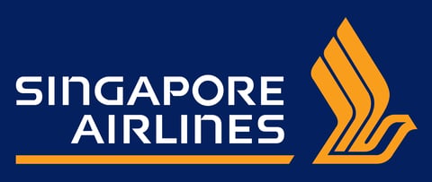 Singapore Airlines logo with white text and gold bird symbol on dark blue background