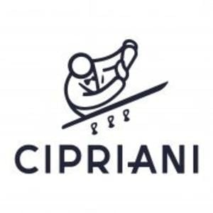 Cipriani logo featuring a stylized figure on a boat with three dots, text reading Cipriani below