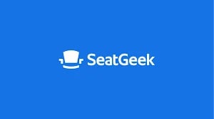 SeatGeek logo featuring a ticket icon and white text on a bright blue background