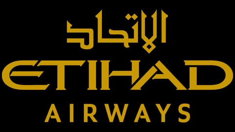 Etihad Airways logo in gold with Arabic script and English text on black background