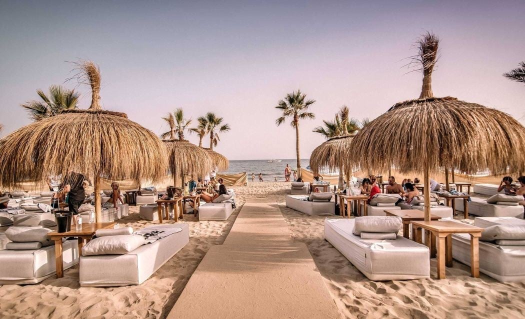 Beachfront lounge area with thatched umbrellas, white loungers, and palm trees along sandy shore