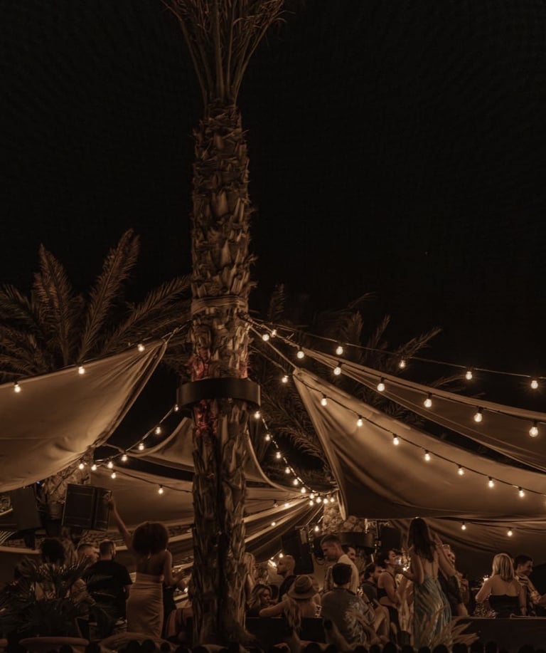 Nighttime outdoor event with illuminated tent canopies strung with warm lights around a tall palm tree, guests gathered beneath.
