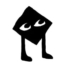 Black and white illustration of a square character with eyes and stick legs