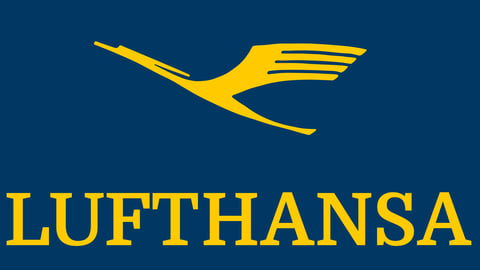 Lufthansa airline logo featuring yellow stylized crane in flight on dark blue background with company name below