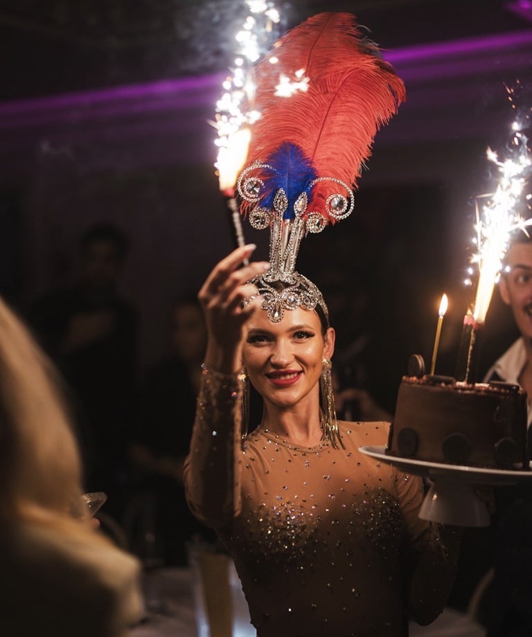 Woman in sequined dress wearing ornate headdress with red feathers and blue jewels, holding sparkling fireworks at a nightclub event