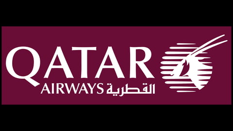 Qatar Airways logo with white text on maroon background and stylized airplane icon