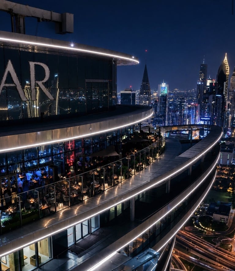 Rooftop terrace with curved architectural levels lit by neon lights overlooking nighttime Manhattan skyline with illuminated skyscrapers
