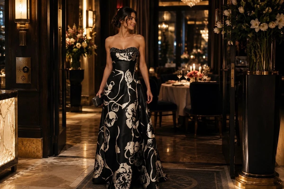 Woman in elegant black and white floral gown walking through luxury venue