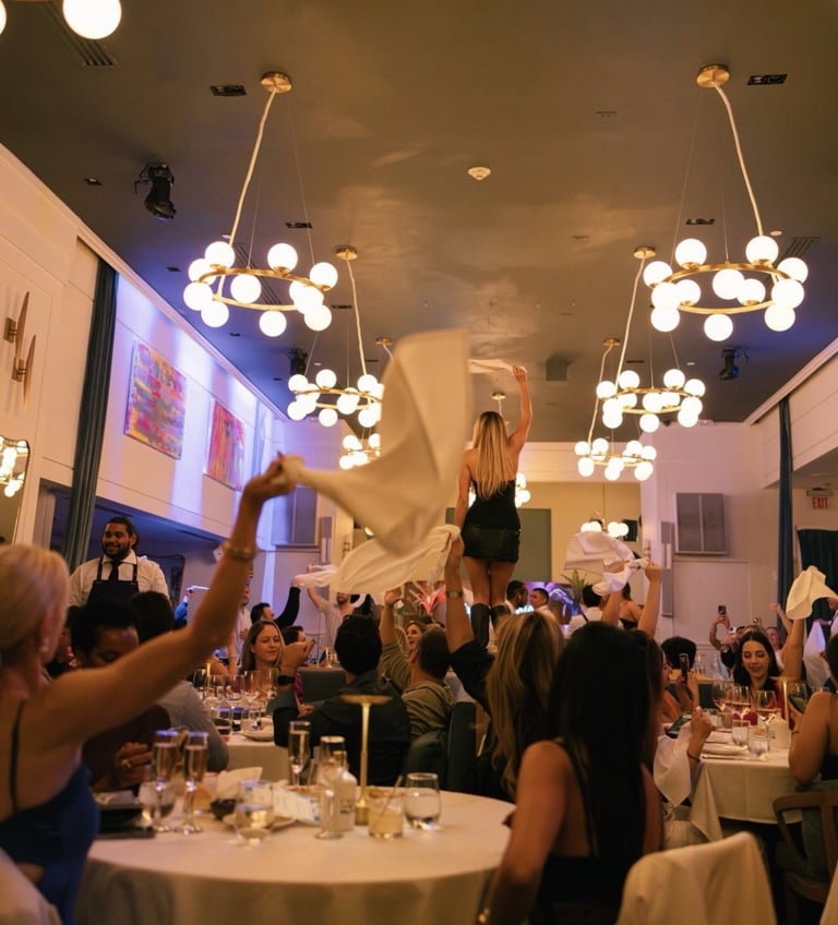 Indoor formal event with guests seated at round tables under modern pendant lighting fixtures with blue accent lighting on walls