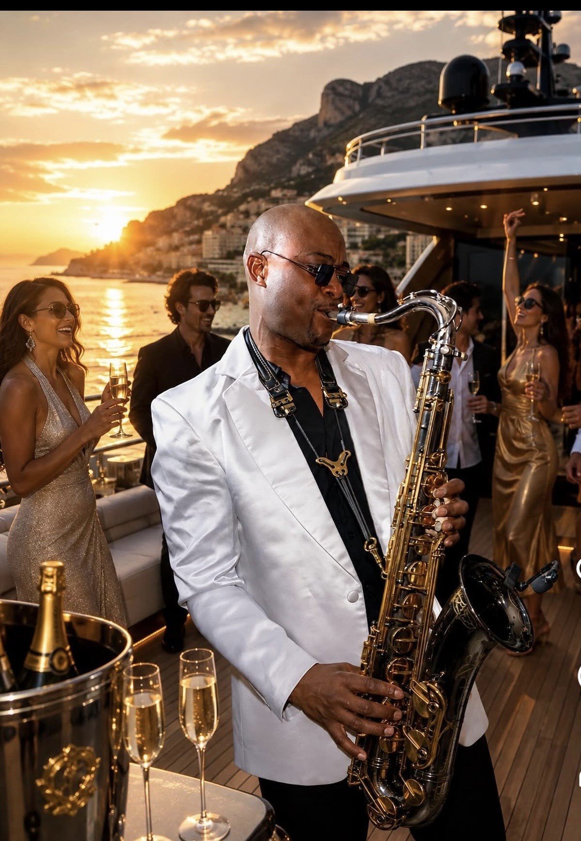 Saxophonist in white blazer performing on a luxury yacht at sunset with champagne and elegantly dressed guests
