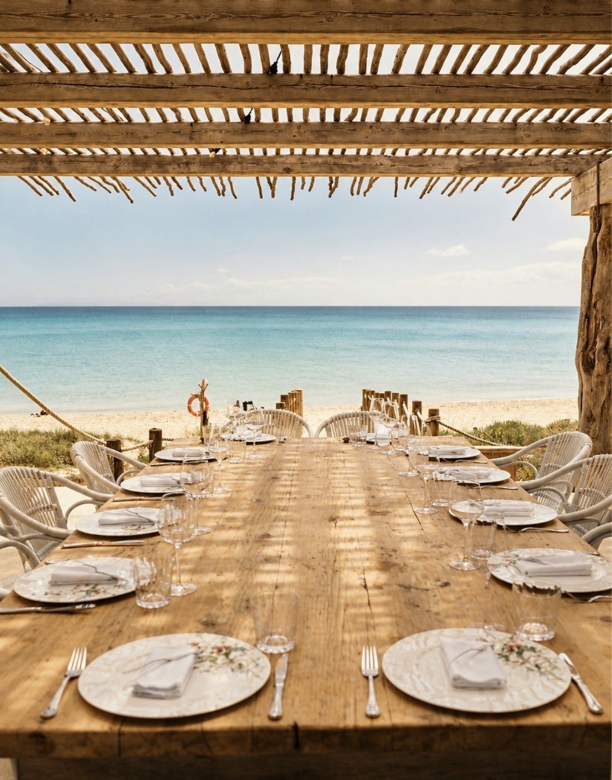 Beachfront dining table set up under a wooden pergola with ocean view, featuring place settings and woven chairs