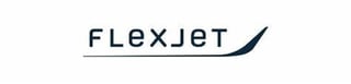 FlexJet logo featuring text with a curved line design element