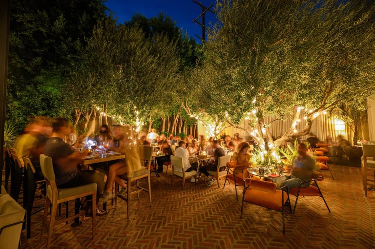 Outdoor evening gathering under illuminated trees with guests seated at tables on a brick patio at dusk