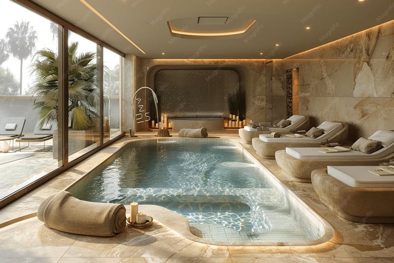 Luxurious indoor spa with an oval swimming pool, lounge chairs, large windows with palm tree views, and warm ambient lighting