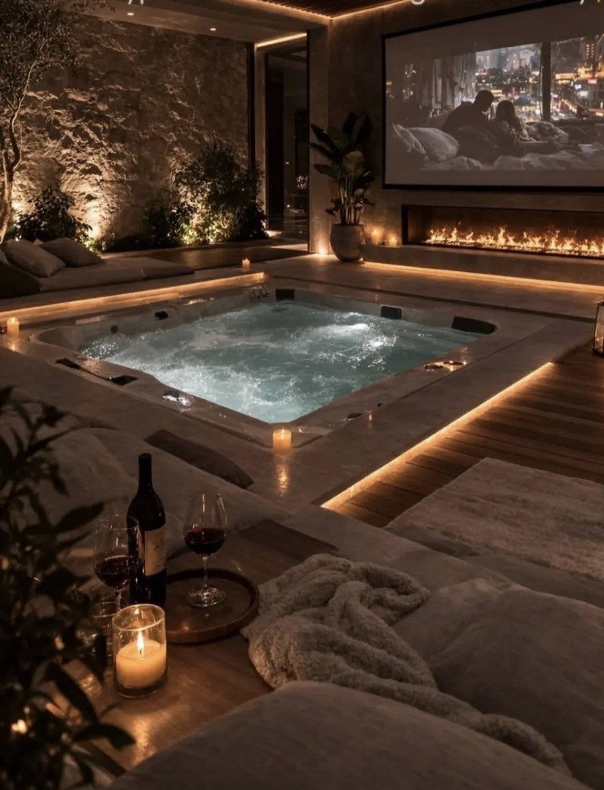 Luxurious spa room with illuminated hot tub, ambient lighting, fireplace, movie screen, wine, and candles